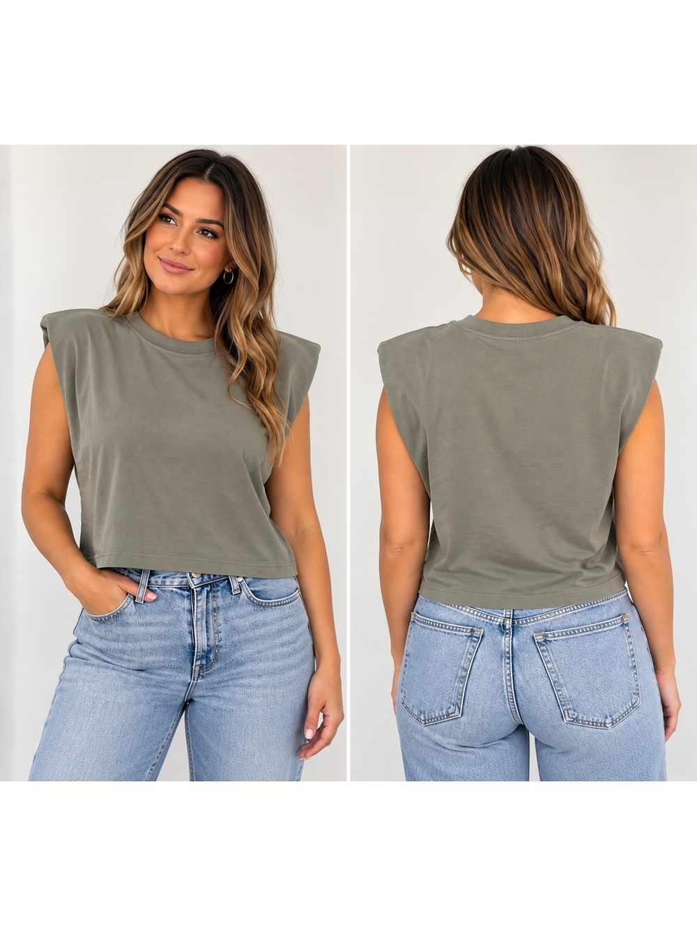 Babaton Women's Size M Olive Grey Padded Shoulder Cropped Crewneck Top
